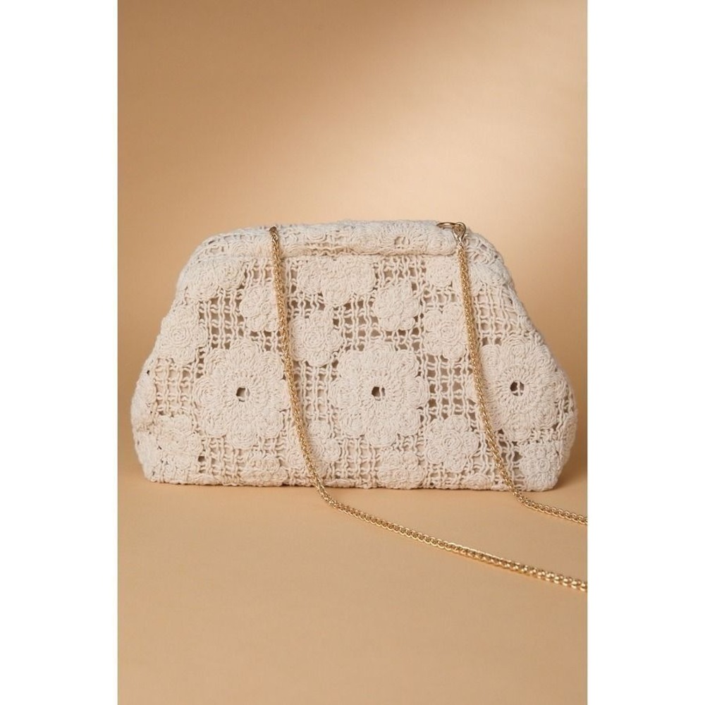 Altar'd State Floral Crochet Frame Clutch Bag w/ Gold Chain Strap Ivory  Handbag